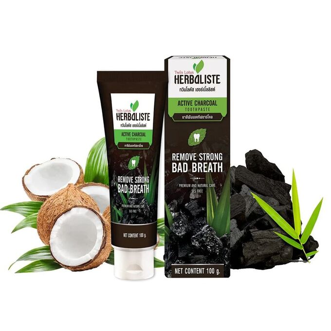 Тайская зубная паста Твин Лотус Twin Lotus Herbaliste Active Charcoal Toothpaste 100 g., Натуральная зубная паста тройного действия с бамбуковым углем и травами 100 гр.