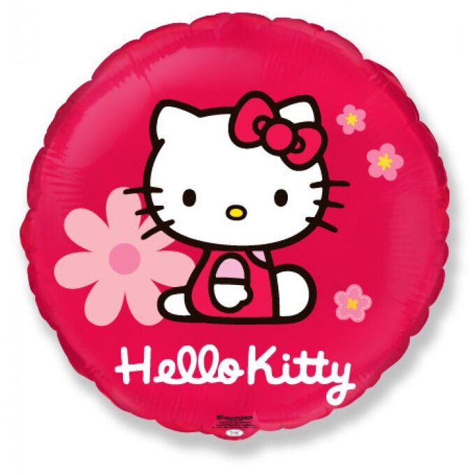 Фольга шар Круг Hello Kitty с цветами 18&quot;/45 см