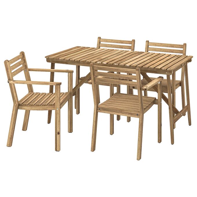 IKEA АСКХОЛЬМЕН, стол + 4 стула с подлокотниками, открытый, акация, 143x75 см