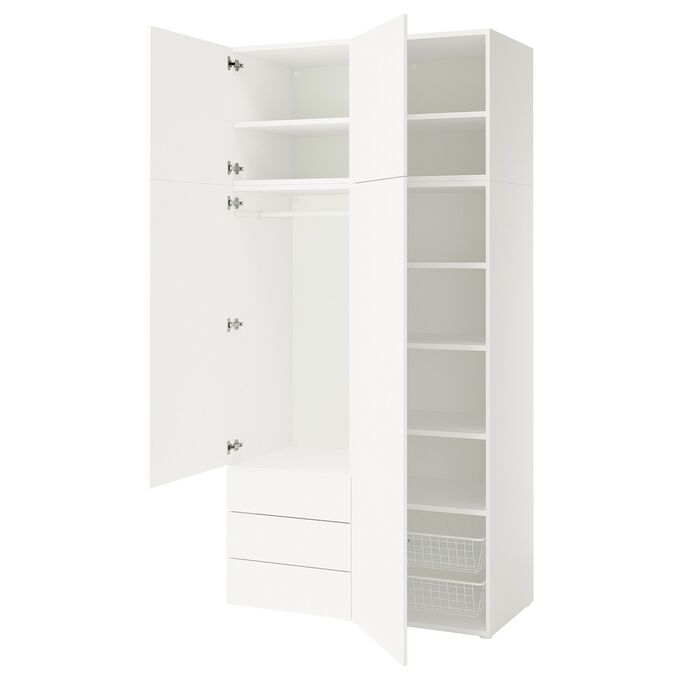IKEA PLATSA, шкаф-купе с 4 дверцами + 3 выдвижными ящиками, белый/Fonnes white, 120x57x241 см