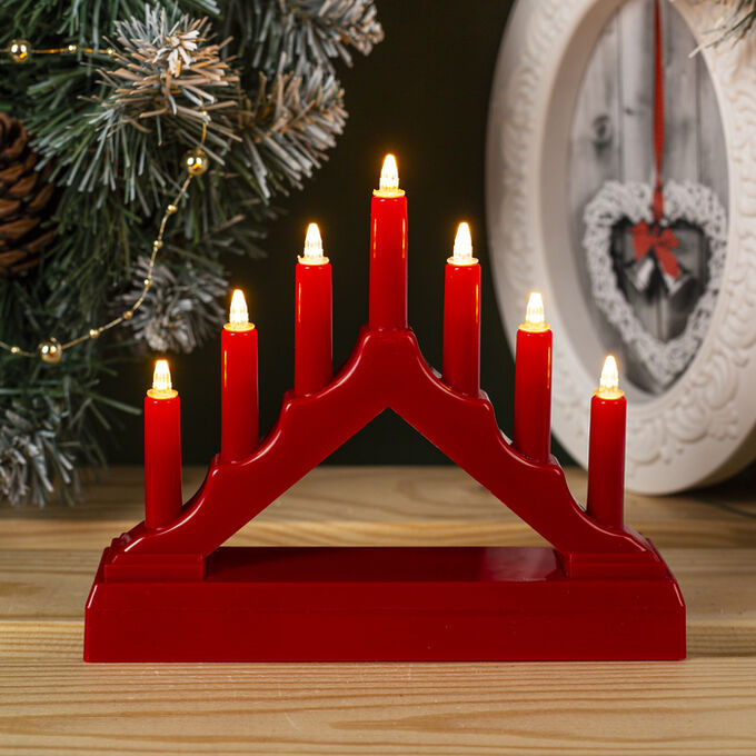 Фигура пластик&quot;Горка рождественская красная&quot;, 7 свечей LED, (АА*2 шт.не в компл.), ТЁПЛОЕ БЕЛОЕ