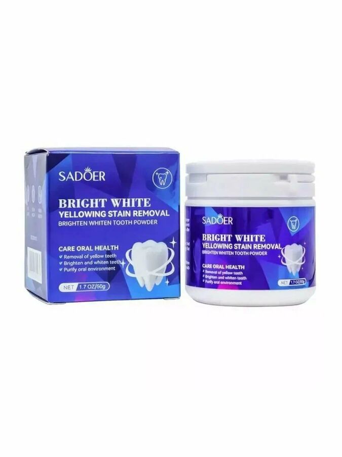 Зубной порошок SADOER Bright White 50гр. Отбеливающий. Эффективно очищает от желтых пятен, очищает полость рта, освежает и делает зубы белыми и яркими.