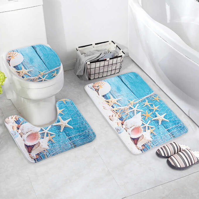 Набор ковриков для ванны и туалета Доляна «Ракушки», 3 шт: 37x45, 37x45, 45x75 см