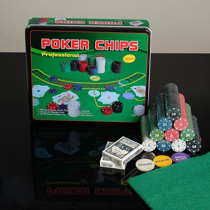 Покер, набор для игры (карты 2 колоды, фишки 500 шт,сукно) 29х33 см
