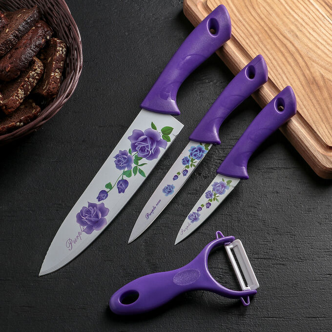 Доляна Набор кухонный,4 предмета: 3 ножа с антиналипающим покрытием, лезвие 8,5 см, 12 см, 20 см, овощечистка, цвет фиолетовый