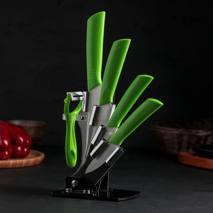 СИМА-ЛЕНД Набор кухонный на подставке, 5 предметов: ножи 7,5 см, 10,5 см, 12,5 см, 15 см, овощечистка, цвет зелёный