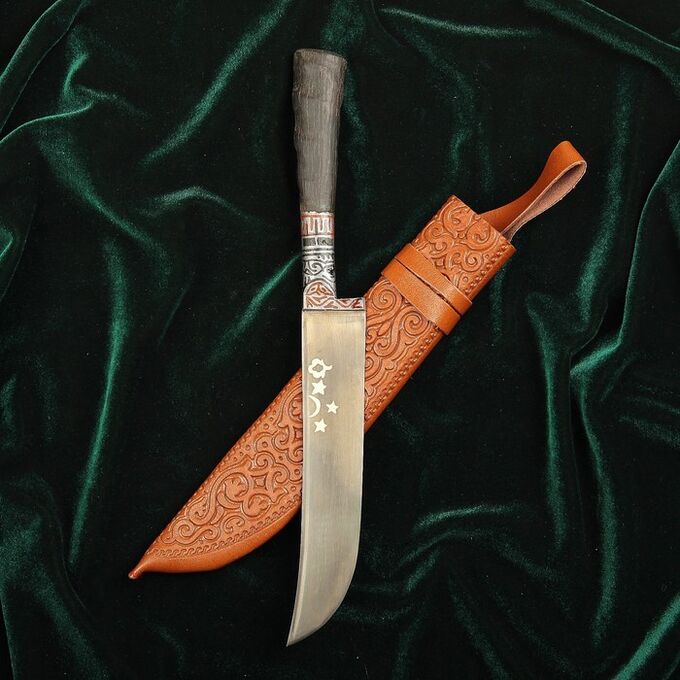 Нож Пчак Шархон малый, рукоять из рога сайгака, гарда с гравировкой