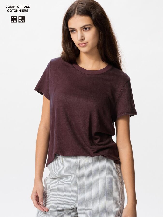 UNIQLO Женская льняная футболка, винный