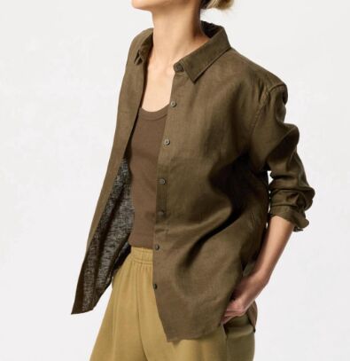 UNIQLO Женская рубашка из французского льна с длинными рукавами 475647 оливковый