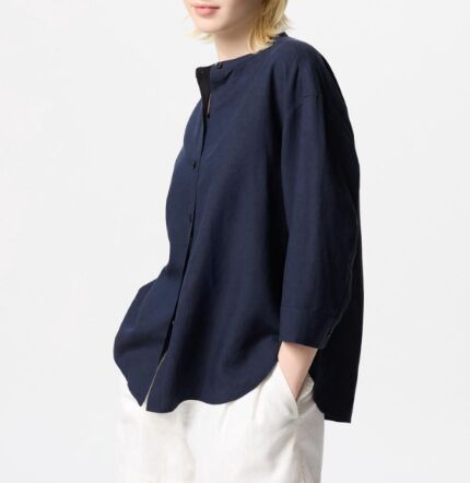UNIQLO Женская рубашка из льняной смеси с воротником-стойкой, рукавом 475653 синий