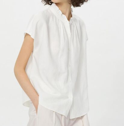 UNIQLO Женская рубашка из льняной смеси с воланами с короткими рукавами 475720 белый