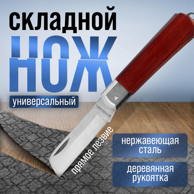 TUNDRA Нож универсальный складной ТУНДРА, деревянная рукоятка, прямое лезвие, нержавеющая сталь