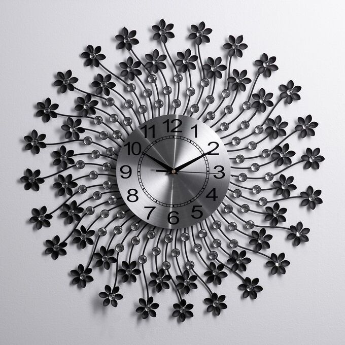 Часы настенные, серия: Ажур, &quot;Лучики гнутые с цветочками&quot;, чёрные, d=60 см