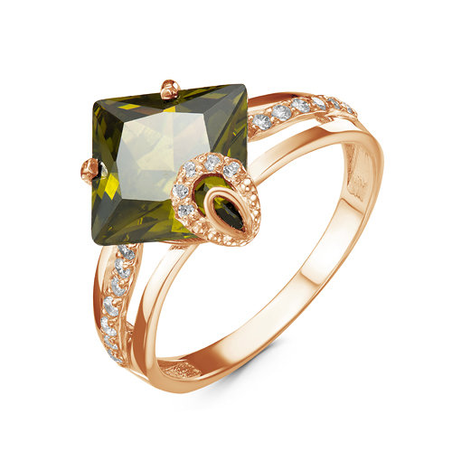 Artefakt Позолоченное кольцо с фианитом оливкового цвета 054 - п