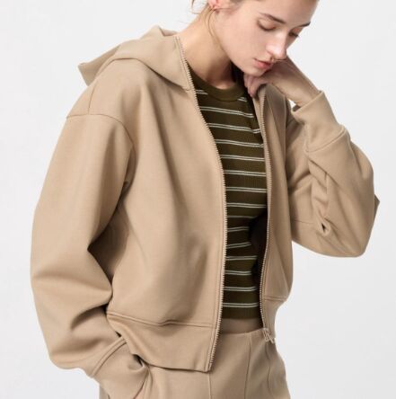 UNIQLO Женская быстросохнущая повседневная куртка на молнии с капюшоном, длинный рукав 475855 бежевый