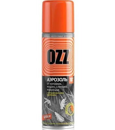 Торговый знак отсутствует Аэрозоль от комаров, мошек, слепней, мокрецов OZZ 18ULTRA .150мл. Действует до 4 часов на коже, до 20 часов на одежде.  пр. Россия.