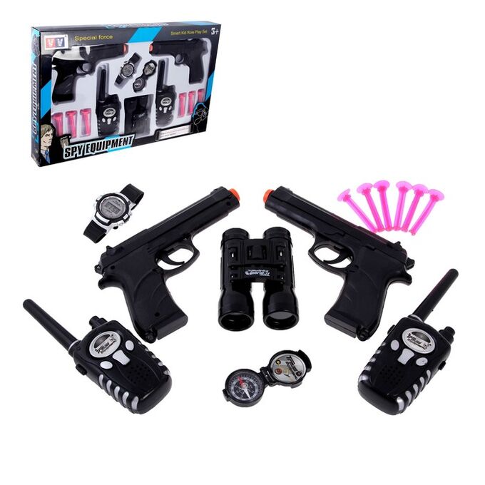 Игровой набор шпиона «Двойной агент»: 2 пистолета, 2 рации, часы, компас, бинокль