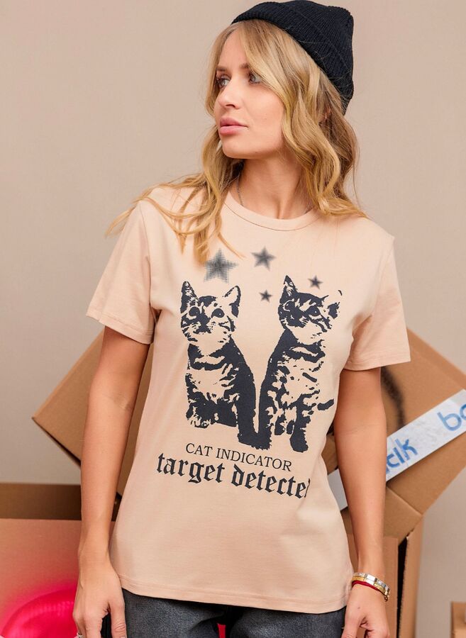 Batik Футболка подростковая для девочки из хлопка с коротким рукавом и с принтом цвет Бежевый