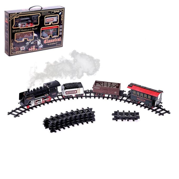 1 TOY Железная дорога «Классический паровоз», 20 деталей, световые и звуковые эффекты, с дымом, работает от батареек, длина пути 420 см