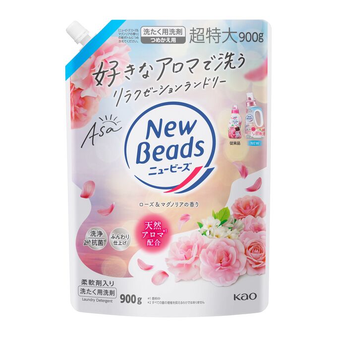 Kao &quot;New Beads&quot; Жидкое моющее средство для белья с кондиционером, аромат розы и магнолии, мягкая упаковка, 900 г
