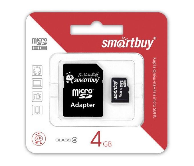 Карта памяти MicroSDHC SmartBuy 4GB cl4 + SD, SB4GBSDCL4-01