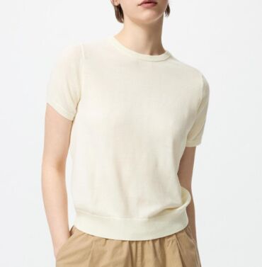 UNIQLO Женский свитер из мериносовой шерсти с круглым вырезом/короткими рукавами 478335 молочный
