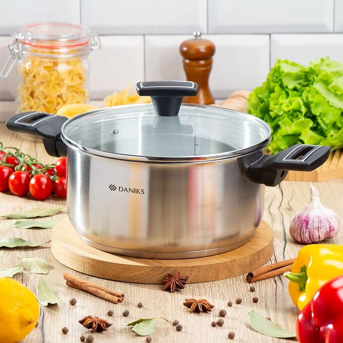 Кастрюля нержавеющая сталь, 4.1 л, крышка стекло, Daniks, Айленд, SD-23-22, индукция