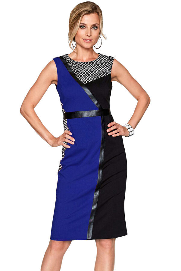 Черно-синее приталенное платье с кожаными полосами