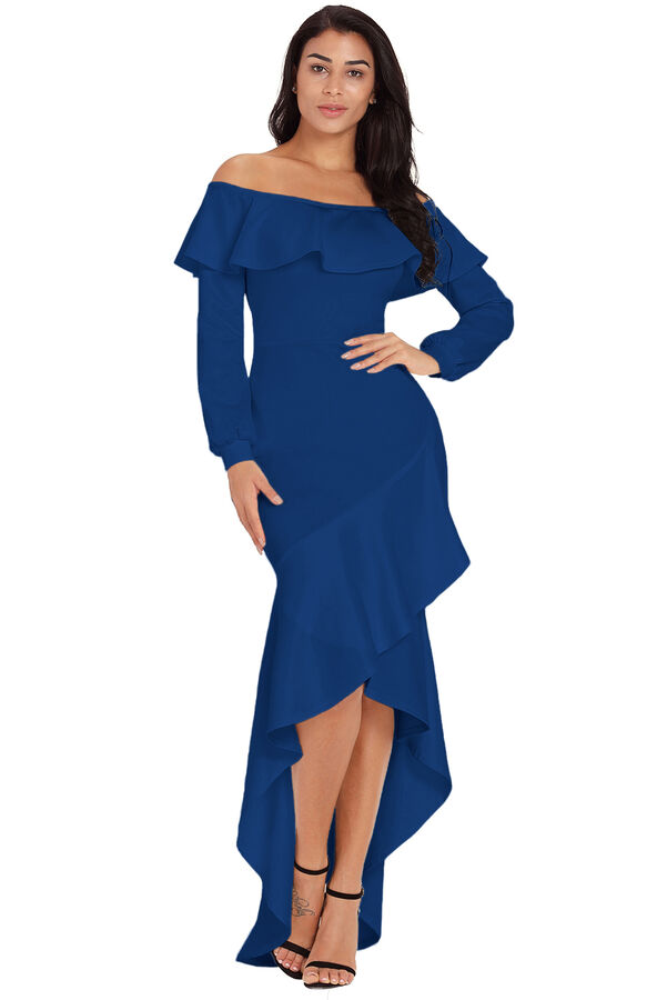 Синее платье-русалка с воланами и асимметричной юбкой