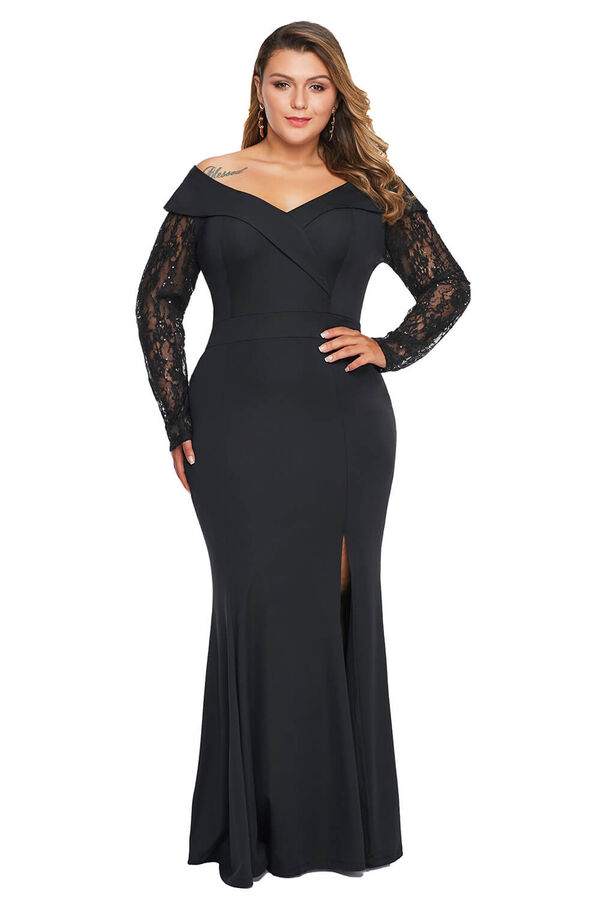 Черное платье-русалка с отложным воротником и кружевными рукавами
