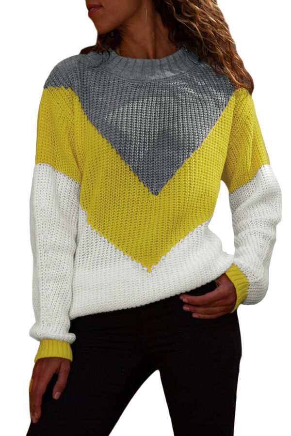 Серо-белый свитер с желтой полосой и манжетами