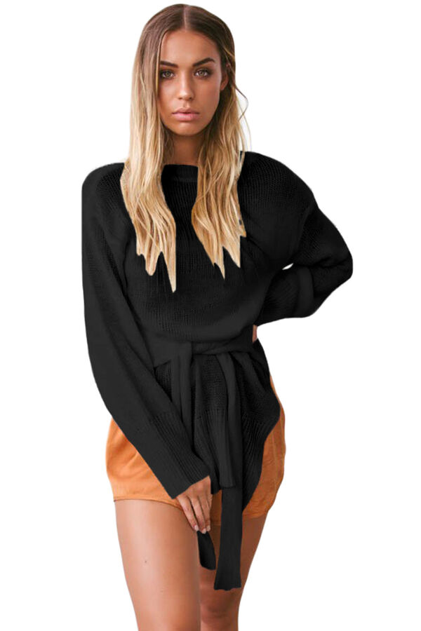 Черный пуловер-туника с круглым вырезом и поясом