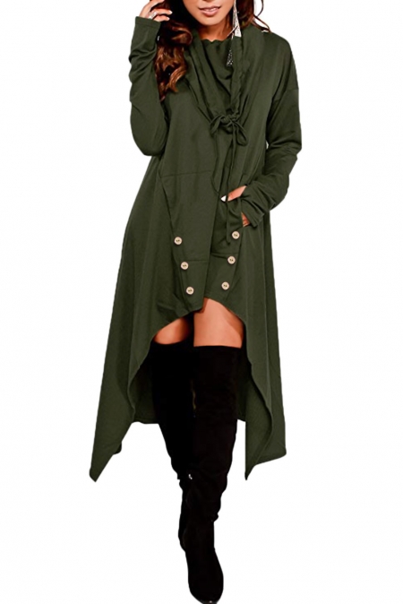 Зеленое асимметричное платье-свитер с капюшоном и карманами