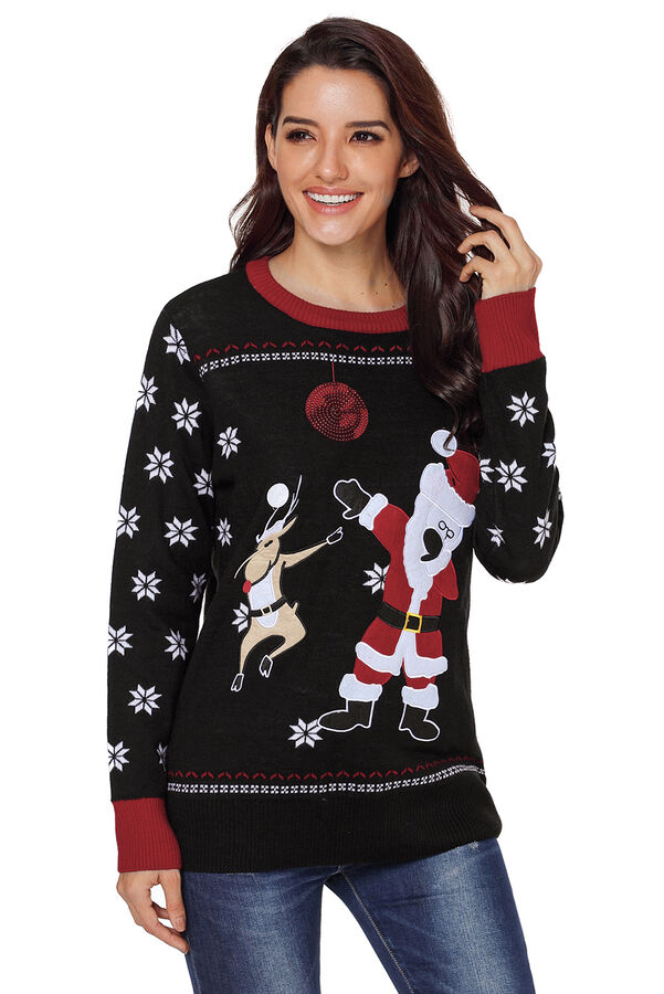 Черный свитер с Сантой, оленем и снежинками