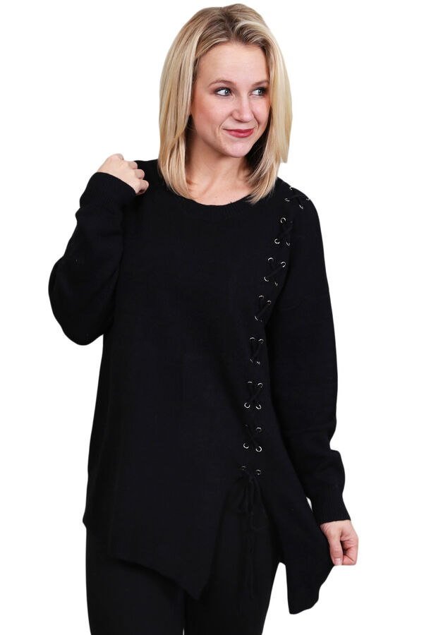 Черный удлиненный сзади свитер с круглым вырезом и боковой шнуровкой