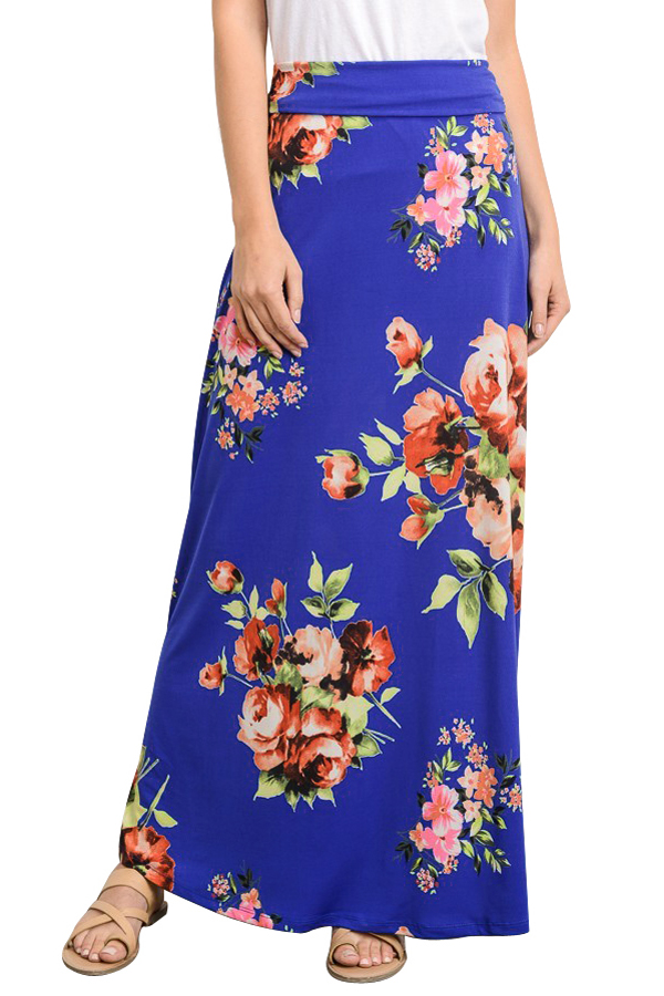 Синяя расклешенная макси юбка с ярким цветочным принтом