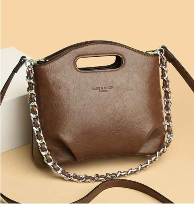 COSMOСOLLECTION_BAGS Сумка из натуральной вощеной кожи с двумя ремнями, коричневая