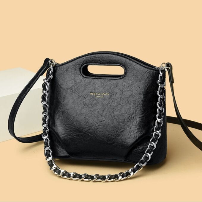 COSMOСOLLECTION_BAGS Сумка из натуральной вощеной кожи с двумя ремнями,  черная