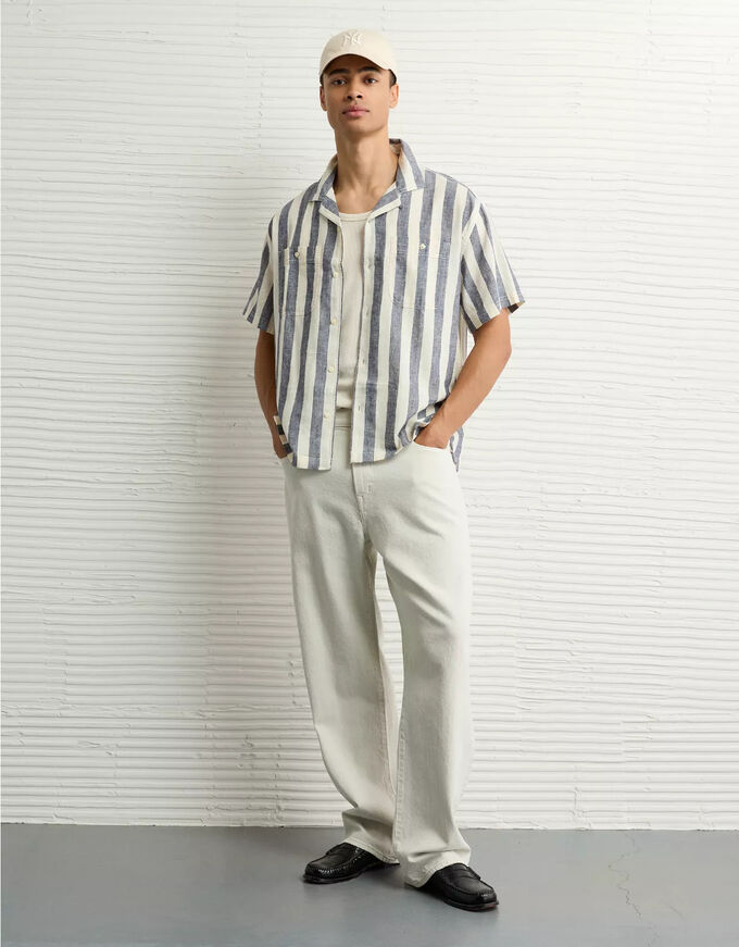 American Eagle AE Poolside Linen-Blend Striped Button-Up Shirt