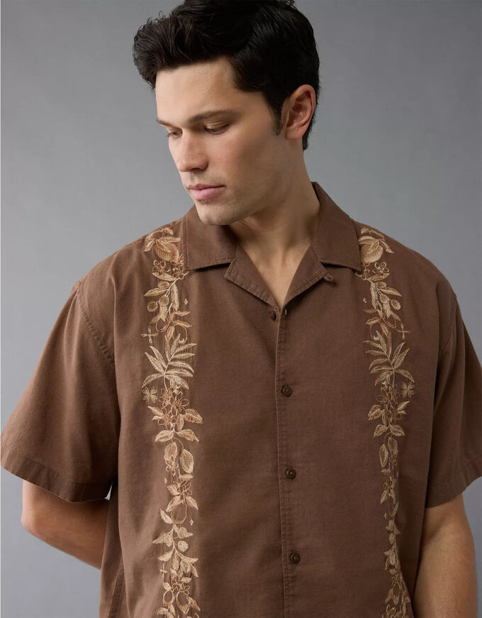 American Eagle AE Poolside Linen-Blend Embroidered Button-Up Shirt