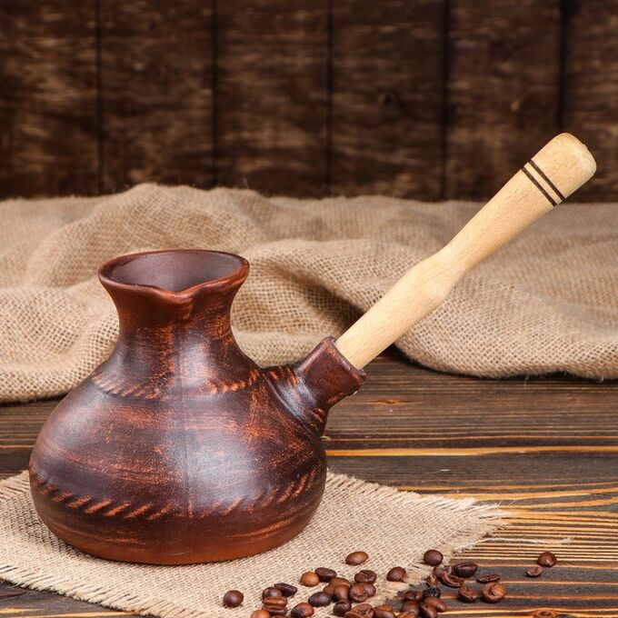 Турка для кофе с деревянной ручкой, красная глина, 0.65 л