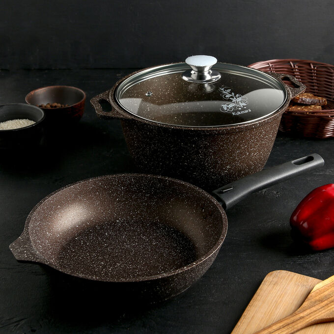 KUKMARA Набор кухонной посуды № 8 «Мраморная», крышка, антипригарное покрытие, цвет кофейный мрамор