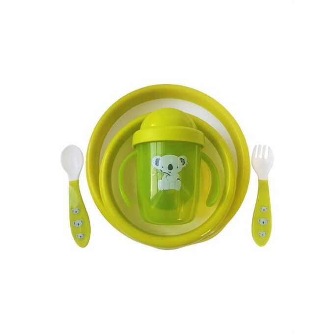 Набор детской посуды: тарелочки, поильник, столовые приборы, цвет зеленый