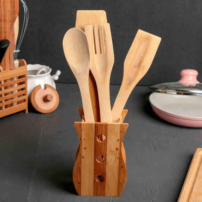 СИМА-ЛЕНД Набор кухонных принадлежностей «Бамбук», 4 предмета, на подставке