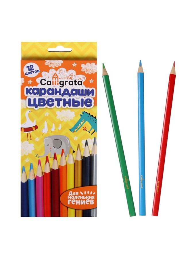 Calligrata Карандаши цветные 12 цветов, корпус деревянный, треугольный, в картонной коробке