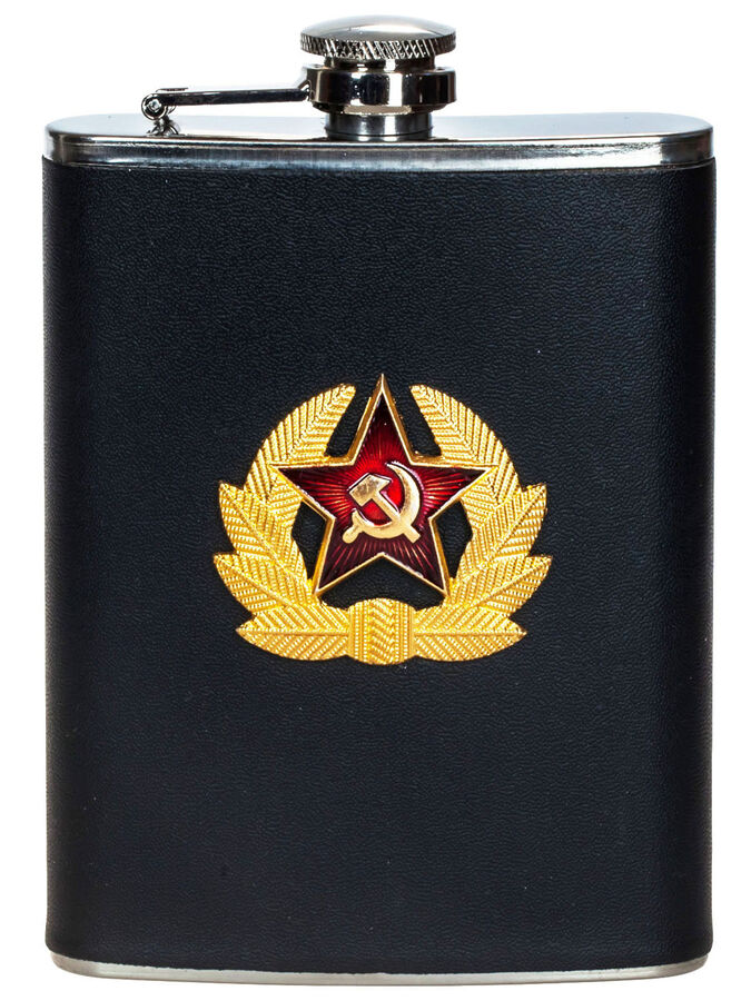 Фляжка &quot;Советская Армия&quot; (обтянутая кожей черного цвета, металлическая накладка) – статусный и недорогой сувенир с символикой СССР №44