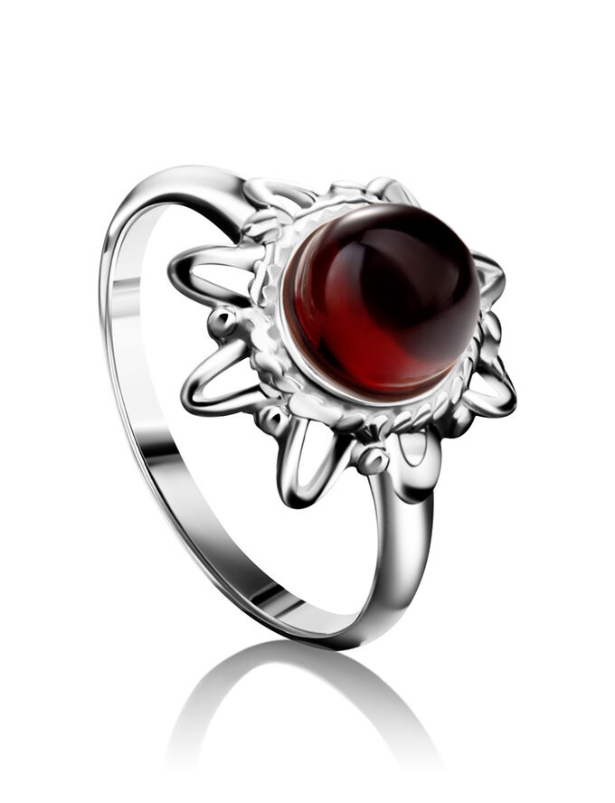 amberholl Миниатюрное кольцо из серебра с натуральным янтарём вишнёвого цвета «Гелиос»