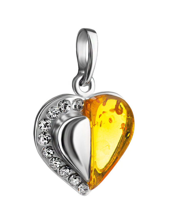 Кулон в форме сердца из серебра и натурального коньячного янтаря, украшенный кристаллами, 905408645
