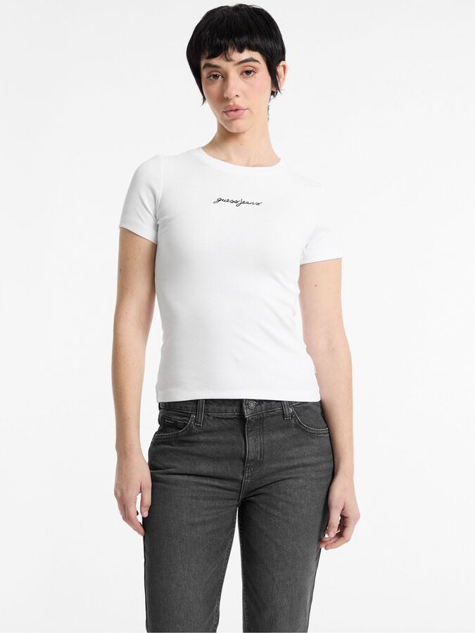 NEXT. Белая футболка Guess Jeans Slim Fit из 100% хлопка с ребристым логотипом для малышей