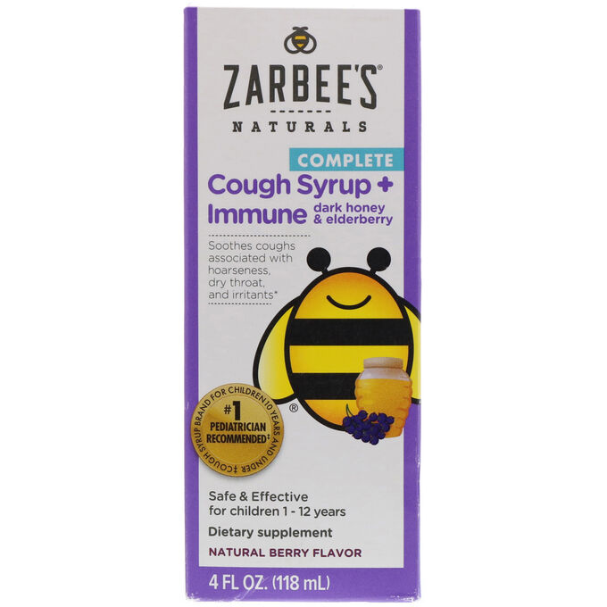 Zarbee&#039;s, Children&#039;s Complete, Cough Syrup + Immune, Dark Honey &amp; Elderberry, Non-alcohol Formula, Natural Berry Flavor, 4 fl oz